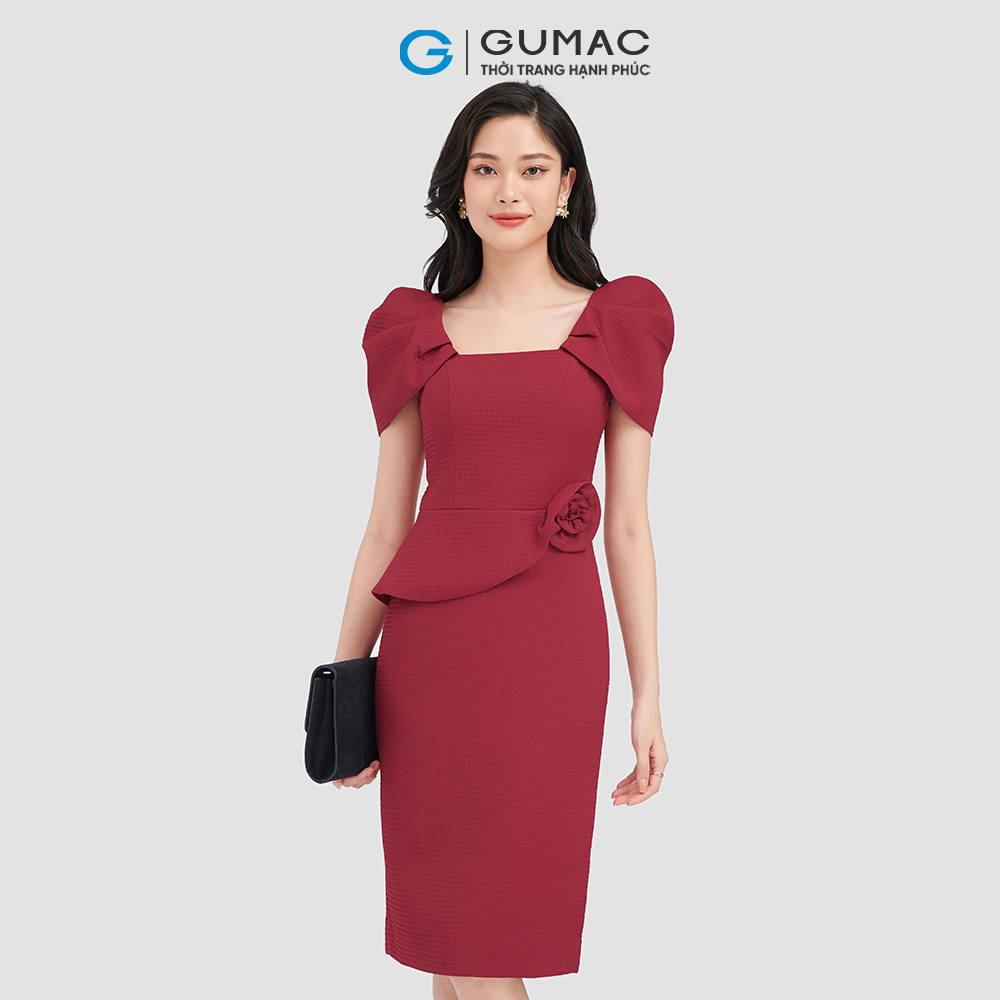 Đầm bút chì 2 lớp GUMAC DVC08132 peplum hoa tay xếp thời thượng