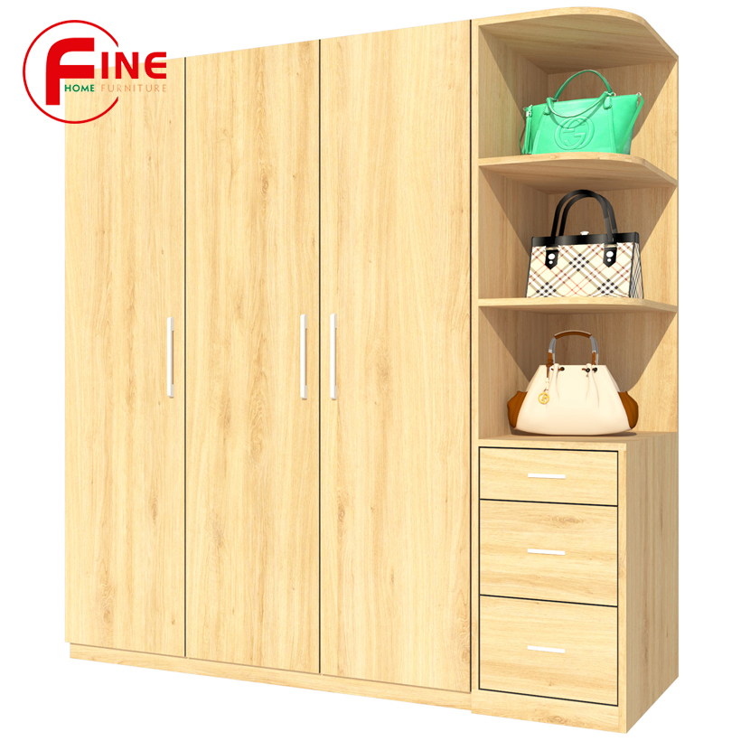 Tủ quần áo FINE FT043F 180cm x 200cm gỗ MFC ngoại nhập Malaysia, thiết kế hiện đại, đường nét tinh xảo có ngăn trưng bày túi xách