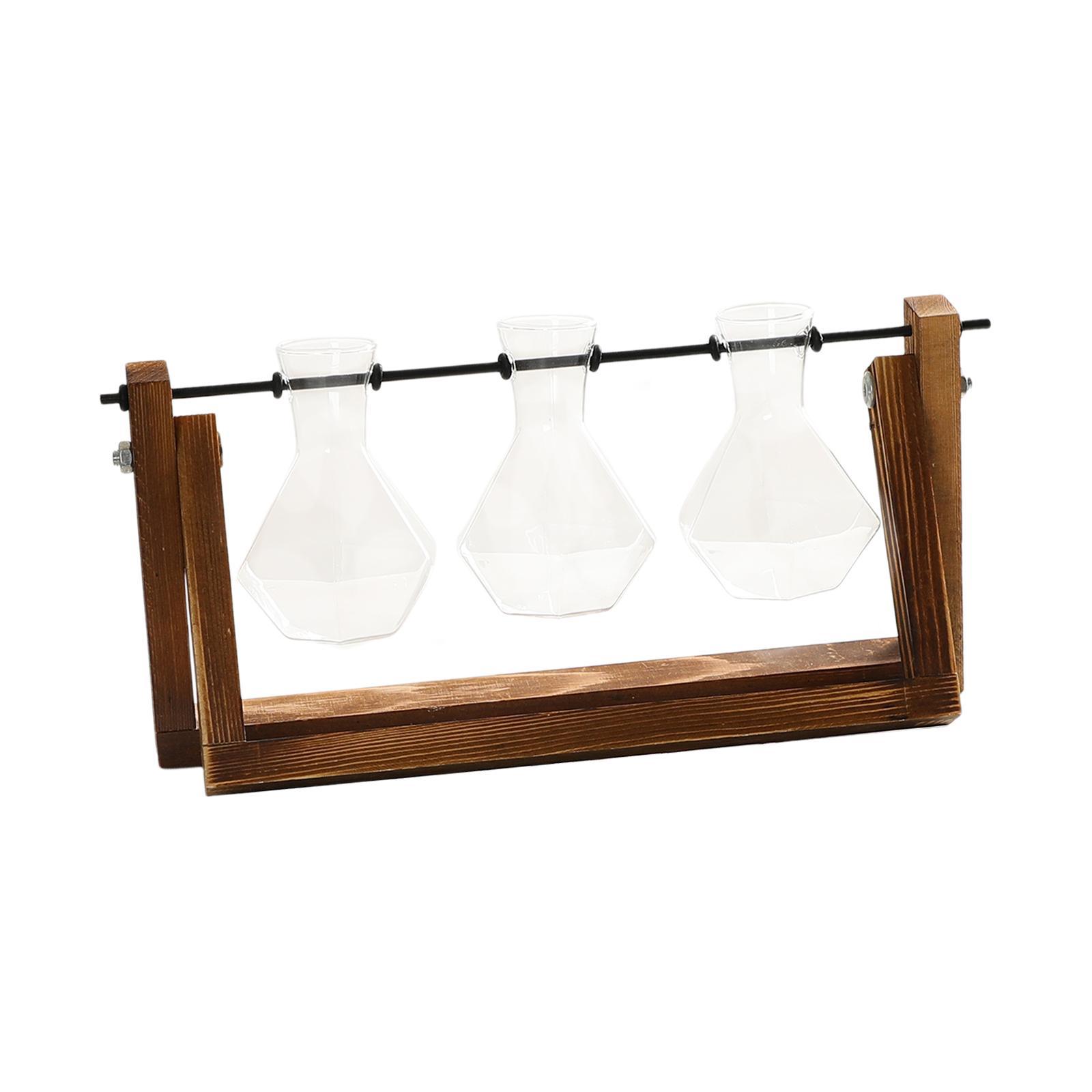 Glass Plant Terrarium Flower Bud Vase Hydroponics Wooden Rack Geometric Shelf