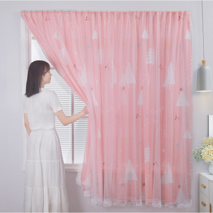 RÈM DÁN TƯỜNG HAI LỚP SIZE 1M2 NGANG X 1M8 CAO (KHÔNG CẦN THANH TREO ) MẪU CÂY HỒNG