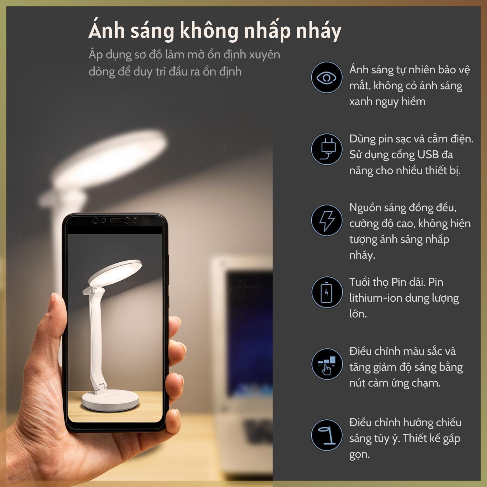 Đèn học để bàn Pin sạc 3 nhiệt độ màu Làm mờ vô cấp Mặt tròn Q9-2