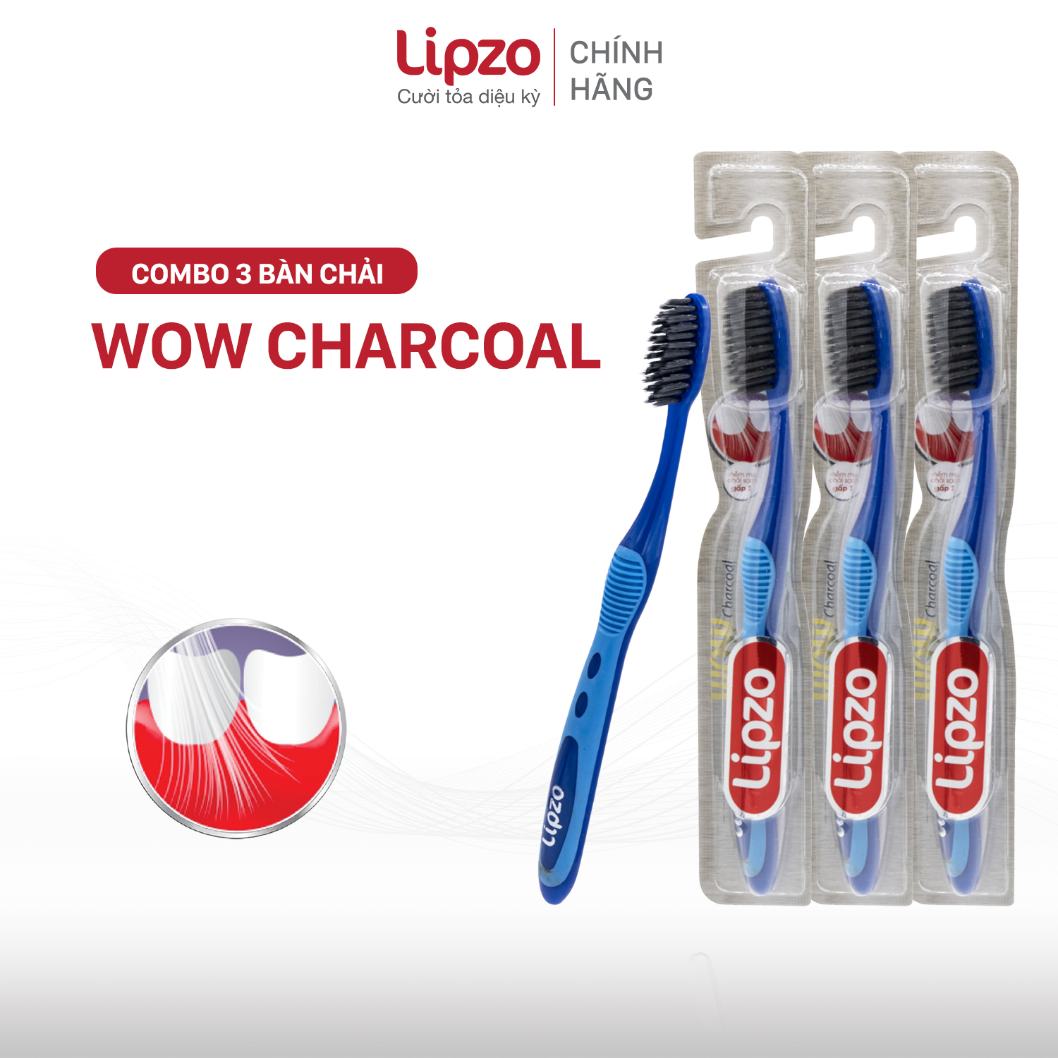 Combo 03 Bàn Chải Đánh Răng Lipzo Wow Charcoal Than Hoạt Tính Công Nghệ Chỉ Tơ Vàng Hai Lớp Nano Kháng Khuẩn Hút Ẩm Khử Mùi