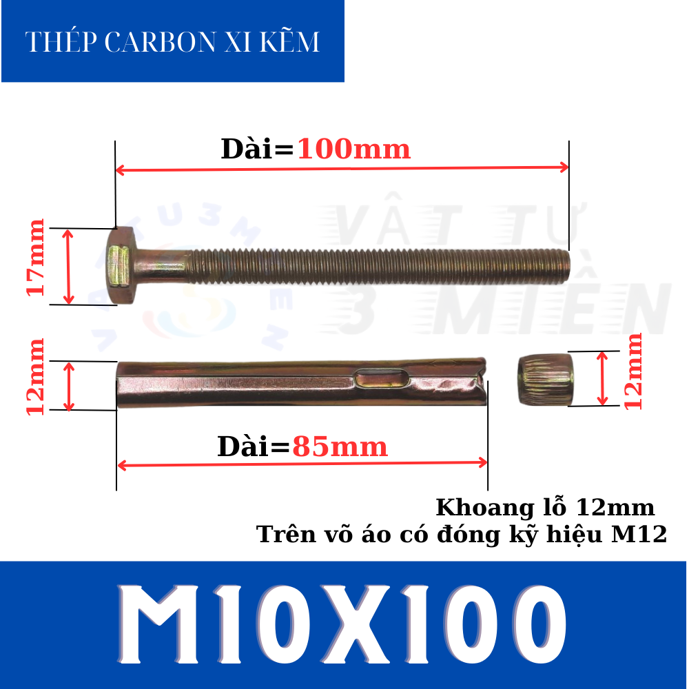 Tắc kê nở M10x100 đầu lục giác sắt xi kẽm