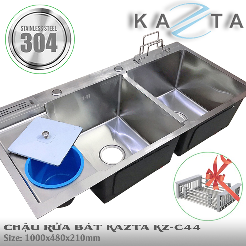 Chậu Rửa Bát Inox Cao Cấp KAZTA KZ-C43 C44 Loại 2 Hộc 1 Cánh - Kích thước 100x48cm rộng rãi tiện dụng