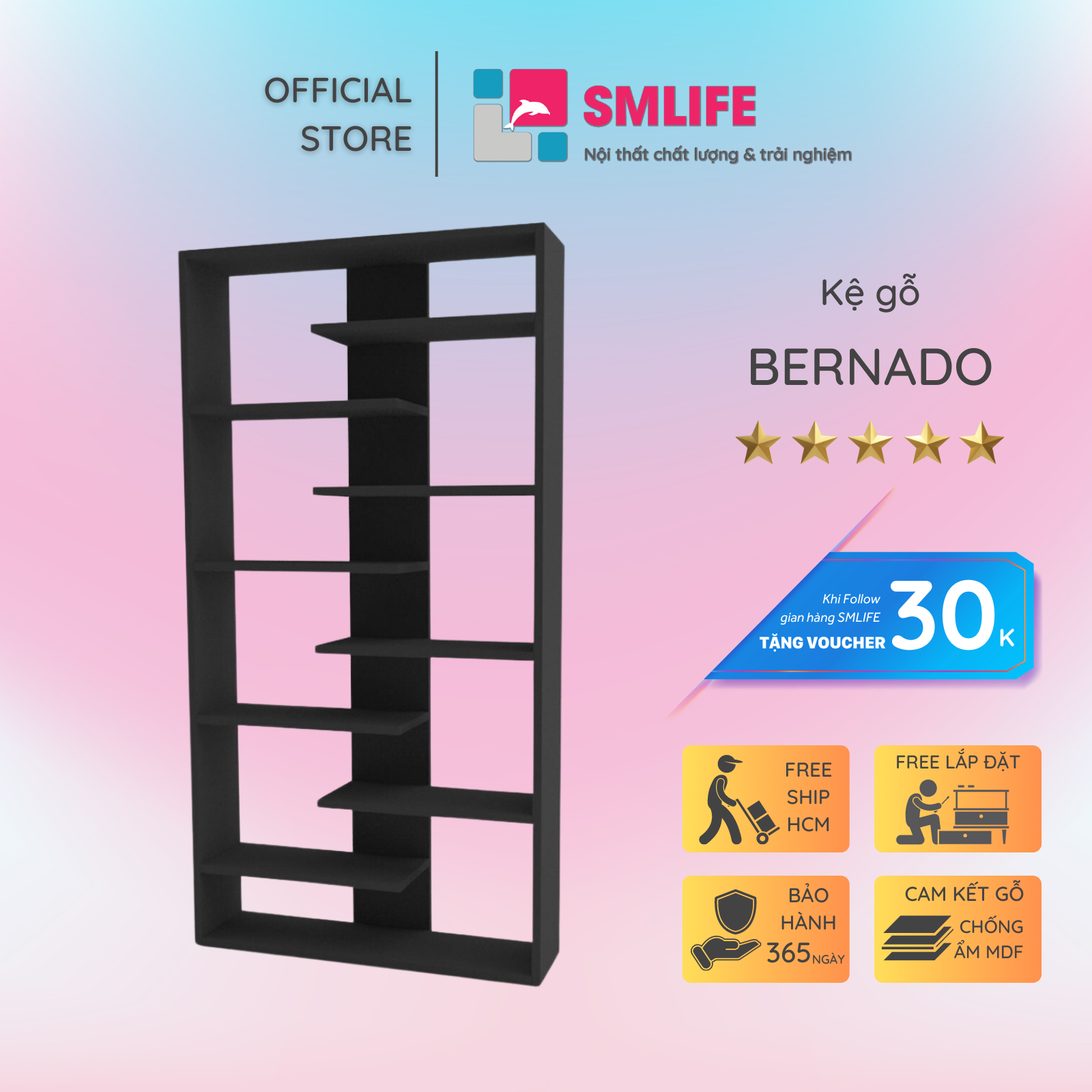 Kệ sách gỗ MDF kiểu dáng hiện đại nhỏ gọn SMLIFE Bernado