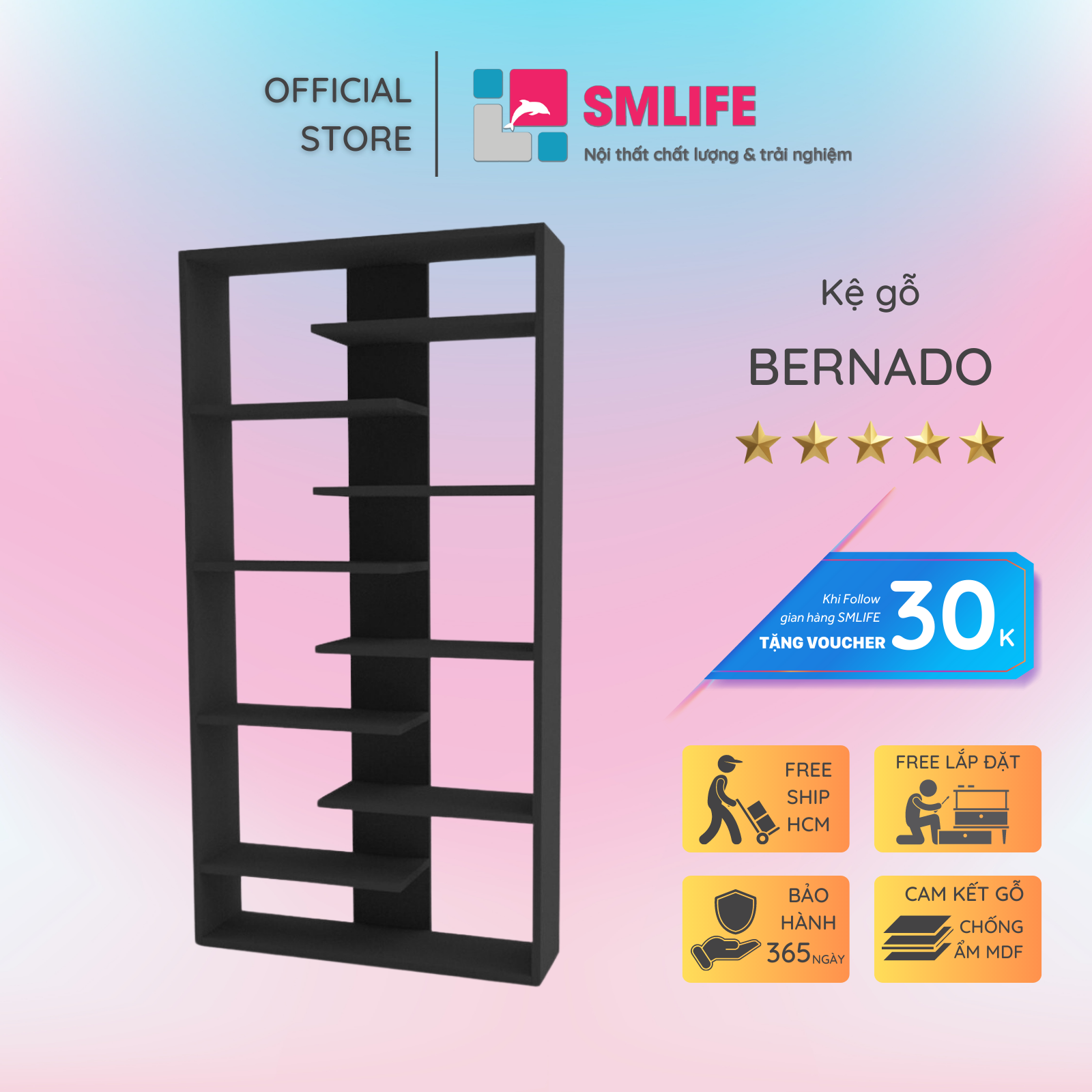 Kệ sách, kệ trang trí gỗ hiện đại SMLIFE Bernado  | Gỗ MDF dày 17mm chống ẩm | D80xR22xC160cm