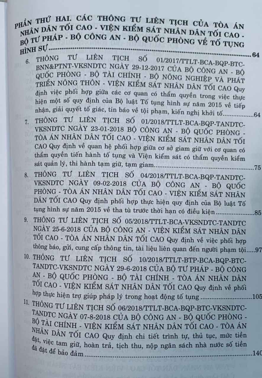 Các thông tư liên tịch của Tòa án nhân dân tối cao - Viện kiểm sát nhân dân tối cao - Bộ tư pháp - Bộ công an - Bộ quốc phòng về hình sự, tố tụng hình sự, dân sự, tố tụng dân sự, hành chính, kinh tế, thương mại, lao động, hôn nhân gia đình mới nhất