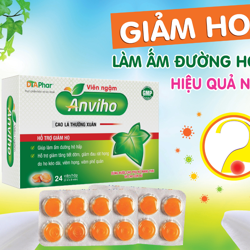 Viên ngậm Anviho Cao lá Thường Xuân giúp bổ phế giảm ho làm ấm đường hô hấp giảm tiết đờm đau rát họng Hộp 24 viên Tâm An Pharma