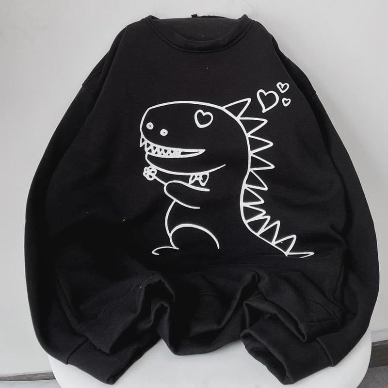 Áo Sweater Nỉ Đen Hoạ Tiết Khủng Long Bự Chà Bá ulzzang unisex, ÁO HOODIE MÀU ĐEN IN CHÚ KHỦNG LONG MÀU TRẮNG NỔI BẬT