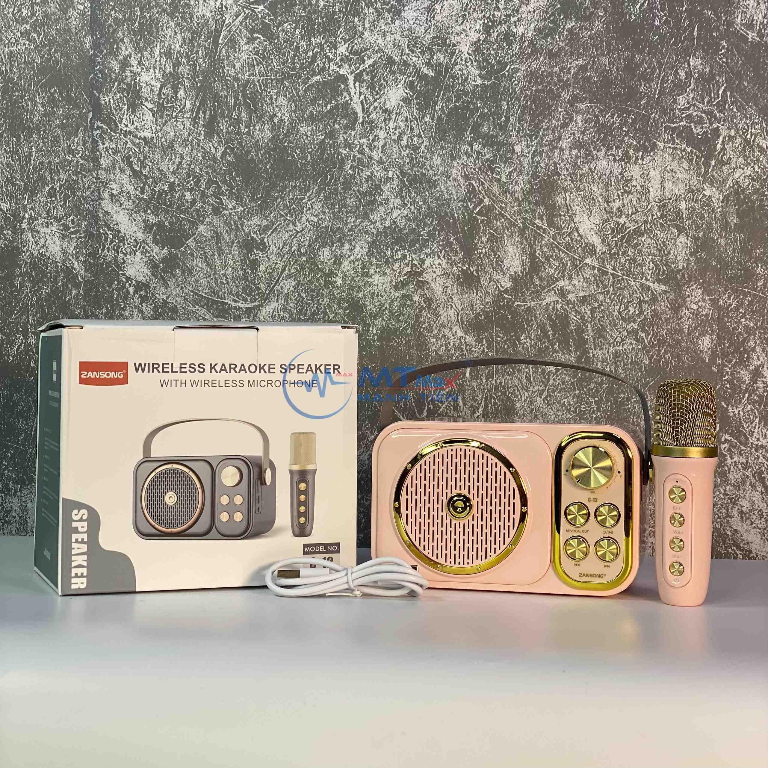 Loa Karaoke Zansong C12 - Kèm 1 Micro Không Dây. Kiểu dáng mini siêu kute, màu sắc bắt mắt. Mặt trước có bộ âm trầm được bảo vệ bởi lưới kim loại. Có cổng kết nối AUX, USB, thẻ TF và tích hợp Bluetooth 5.0