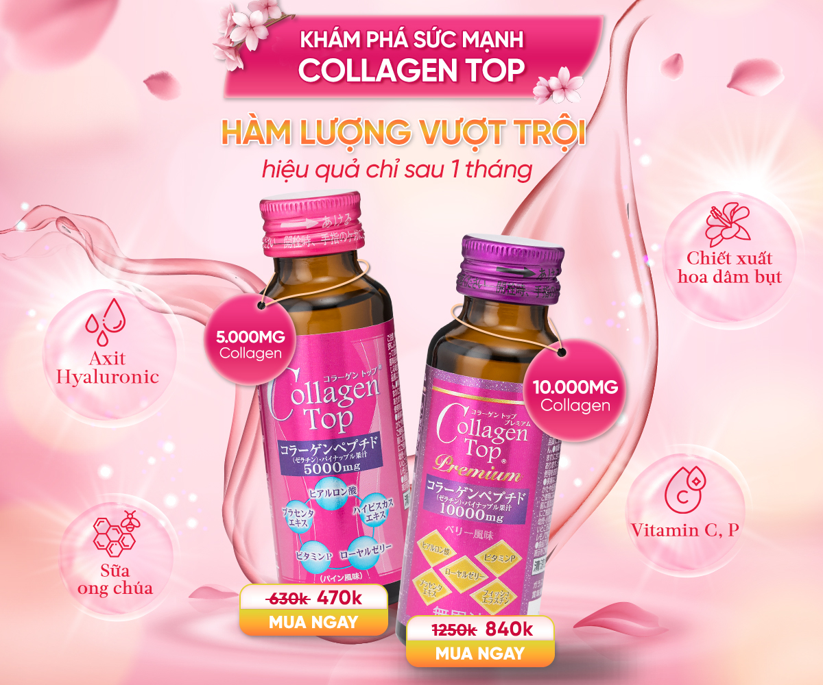 Collagen Top, Hyaluron Top, Placenta Top Nước uống bảo vệ sắc đẹp & sức khỏe (10 chai x 50ml) Nhật Bản