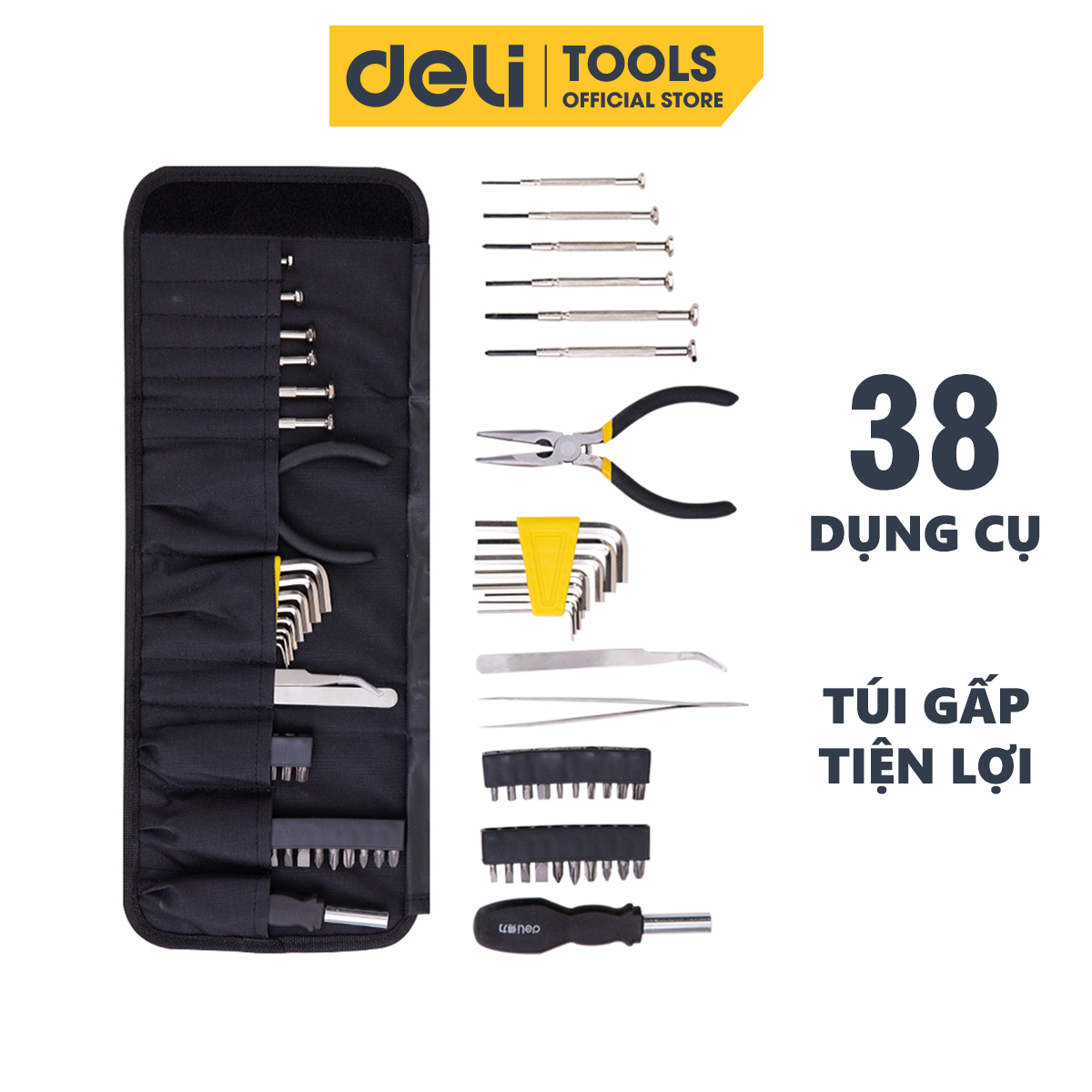 Bộ Dụng Cụ Sửa Chữa Deli 38 Chi Tiết Cao Cấp - Sử Dụng Nhiều Mục Đích - Túi Vải Tiện Lợi, Dễ Dàng Mang Theo - DL5971