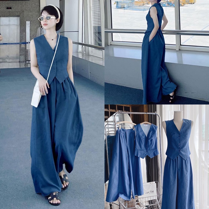 SET ÁO CROPTOP GILE SƠ MI SÁT NÁCH ÔM BODY + QUẦN DÀI ỐNG RỘNG LƯNG CAO SUÔNG TRƠN DẠO PHỐ ĐI CHƠI ĐI BIỂN ĐI TIỆC