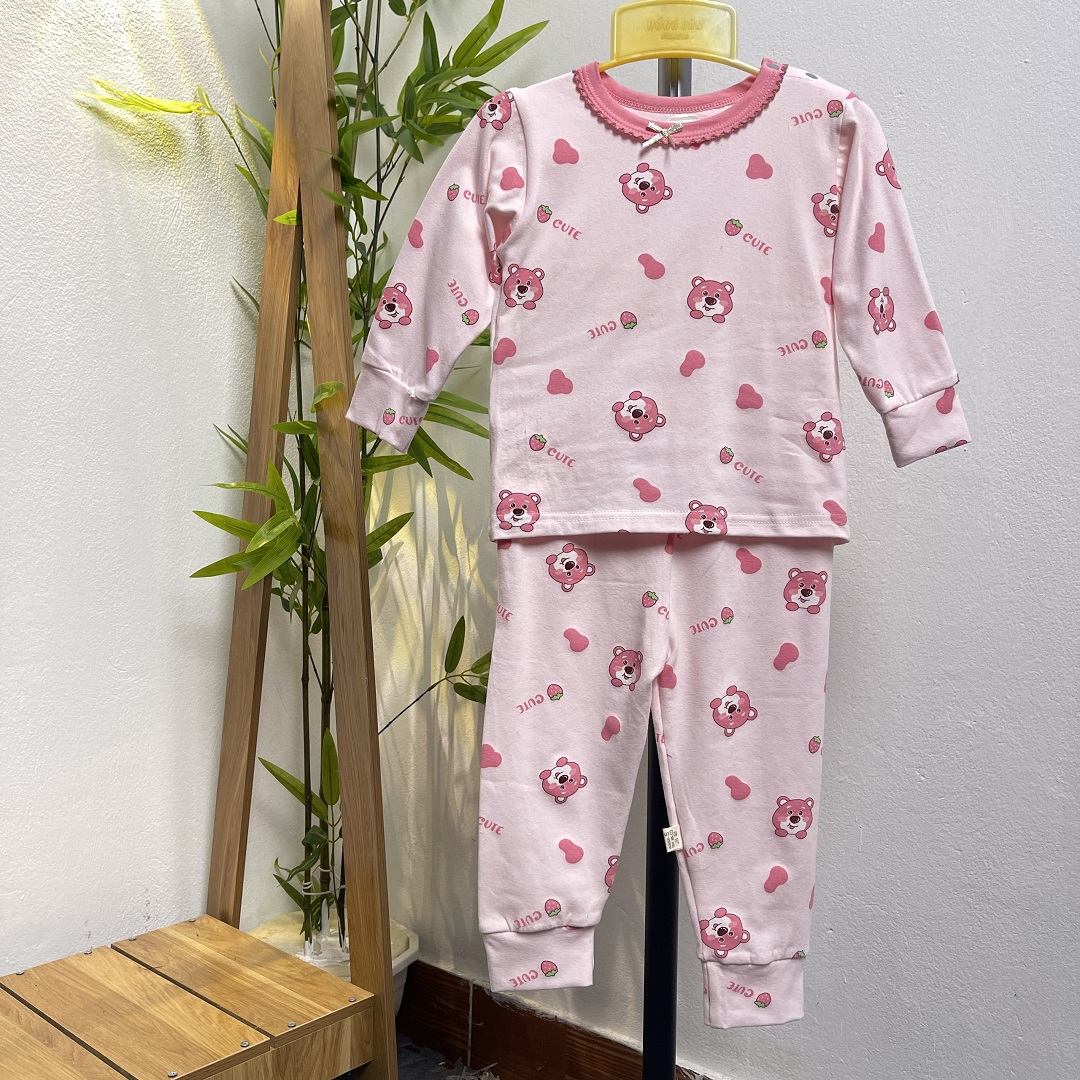 Bộ dài tay bé gái xuất Hàn 3-12 tháng màu tươi sáng nhiều hình ngộ nghĩnh vải cotton dày dặn