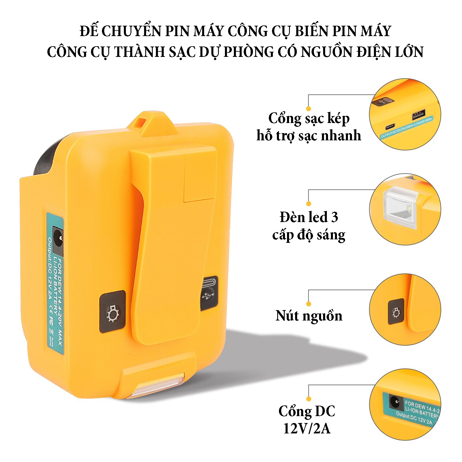 Đế chuyển pin máy công cụ chân pin phổ thông thành sạc dự phòng, cổng type C hỗ trợ sạc nhanh 18W, cổng DC12V đèn led 3 cấp độ sáng