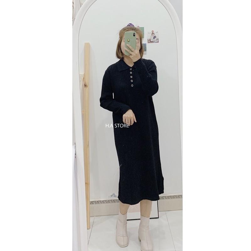 Đầm len cổ sen đính cúc