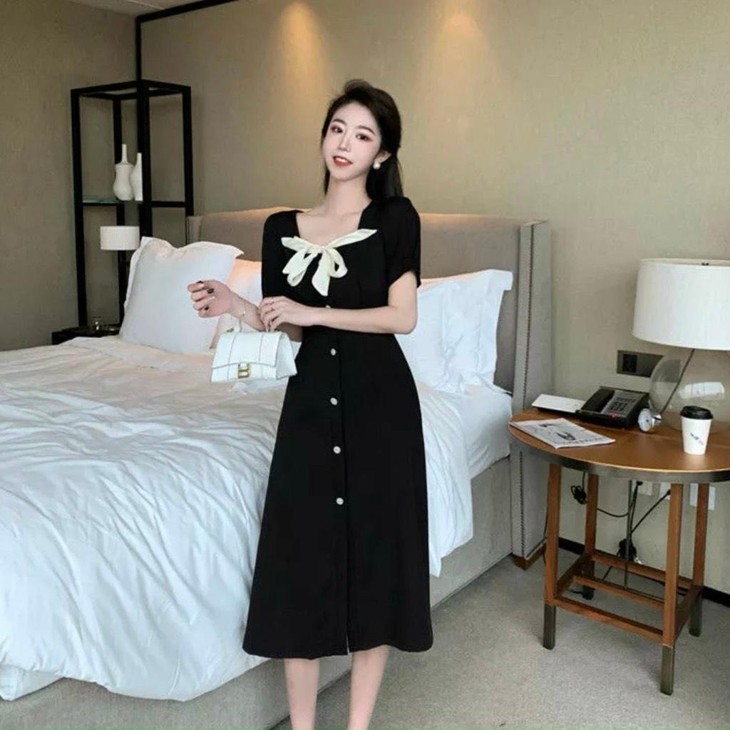 ĐẦM MIDI ĐEN PHỐI NƠ CỔ 12524