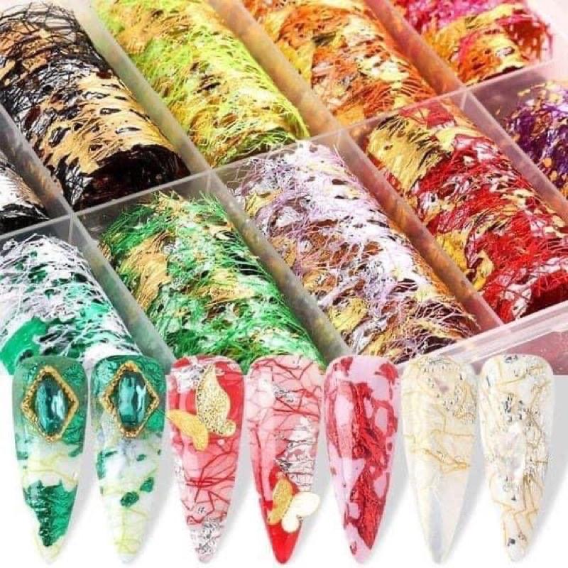 Set hộp 10 ô lưới ren ẩn nhũ trang trí móng nail