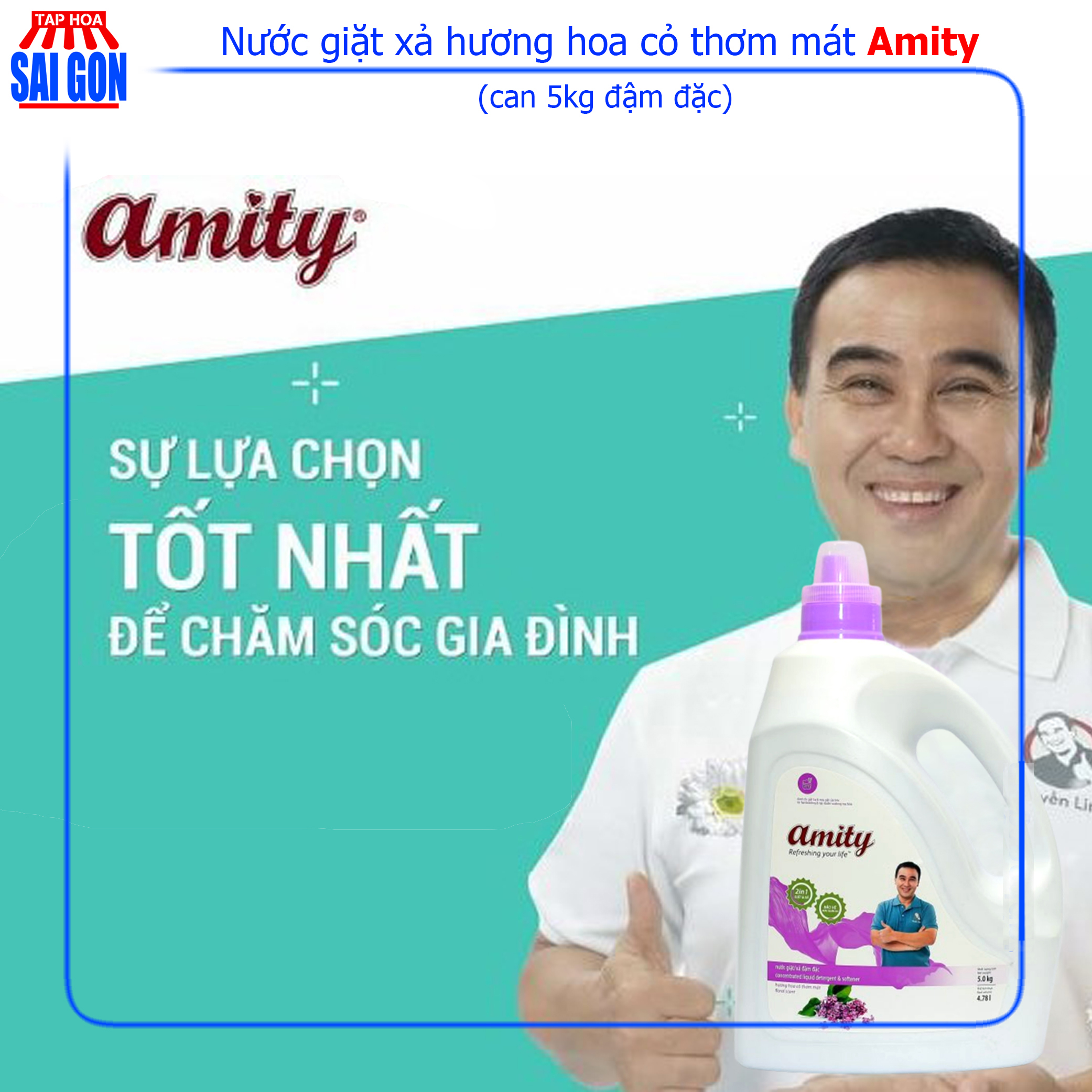 Nước Giặt Xả Amity màu tím hương hoa cỏ thơm mát can 5kg với công nghệ hạt lưu hương giữ mùi thơm nhẹ nhàng suốt cả ngày