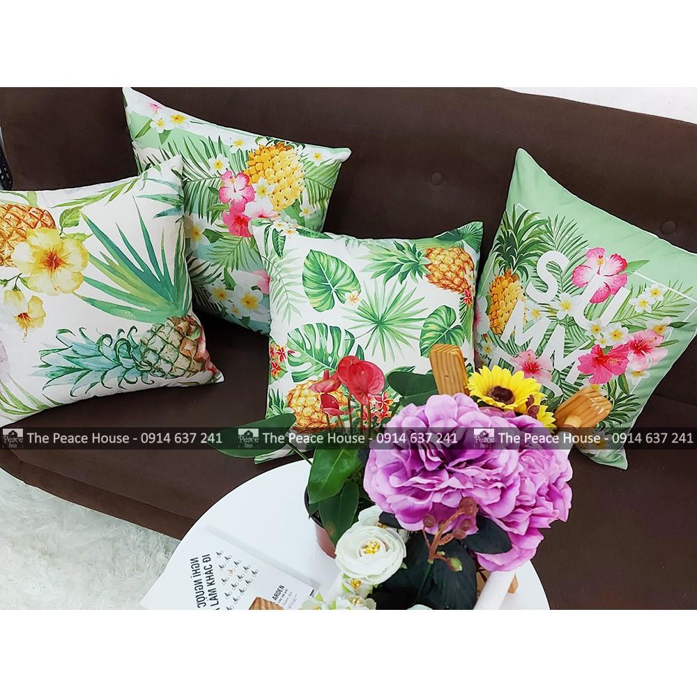Vỏ gối vuông tựa lưng trang trí sofa 45x45cm hoạ tiết LÁ XANH