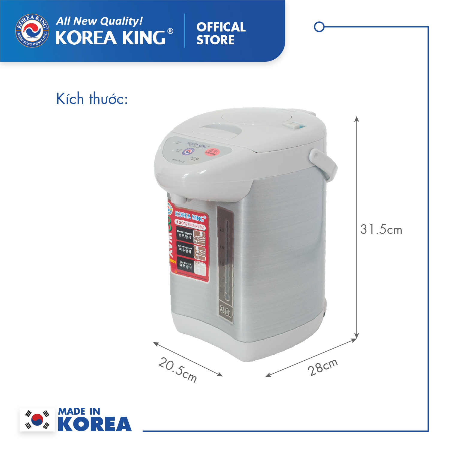 Bình thủy điện Korea King PHT-30 (điện áp 220v/50Hz, công suất 750W, dung tích: 3.0L) - Hàng chính hãng