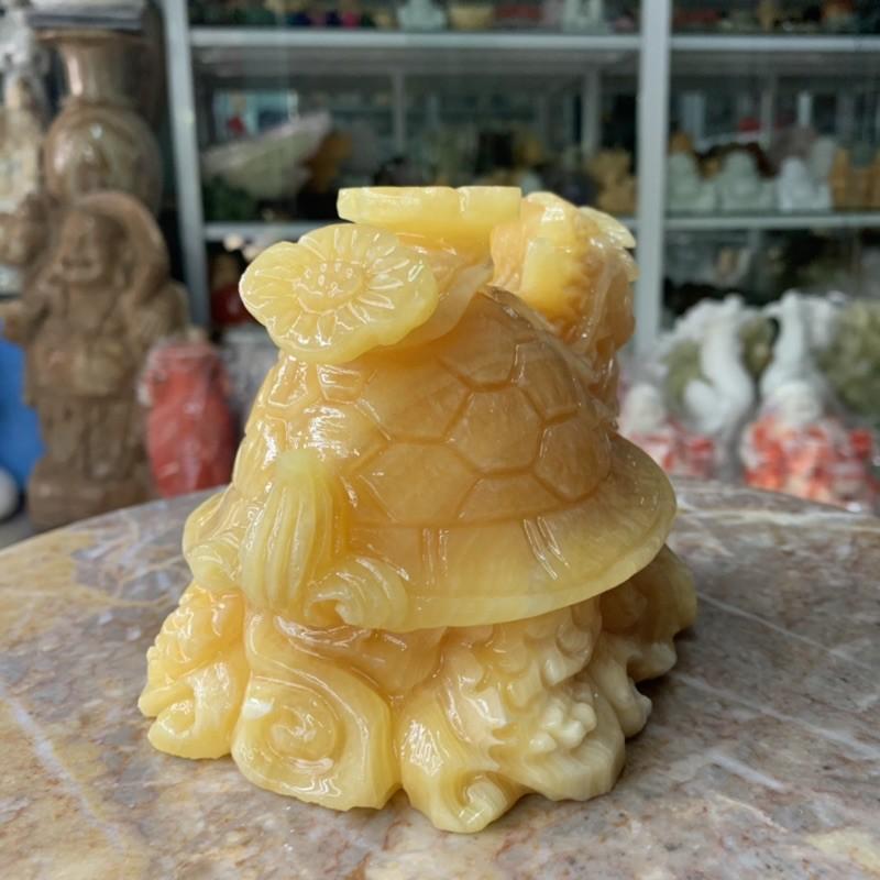 Tượng Long Quy cõng gậy như ý phong thủy đá ngọc hoàng long - Dài 15 cm