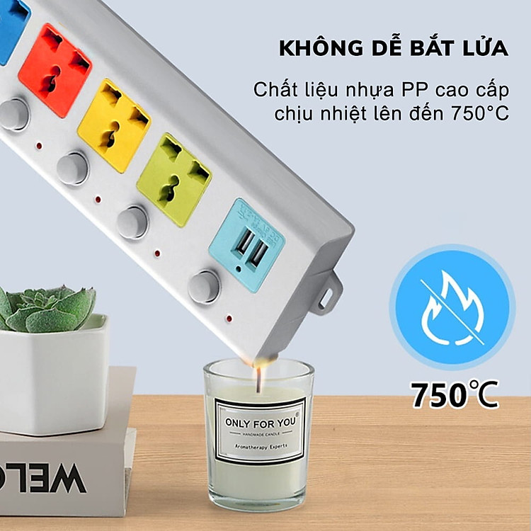 Ổ Cắm Điện USB Đa Năng Cao Cấp Chống Giật 4 Cổng Cắm 2 Cổng USB Công Suất 2500W, Có Chốt An Toàn Dây 2 Đến 5m Tiện Dụng