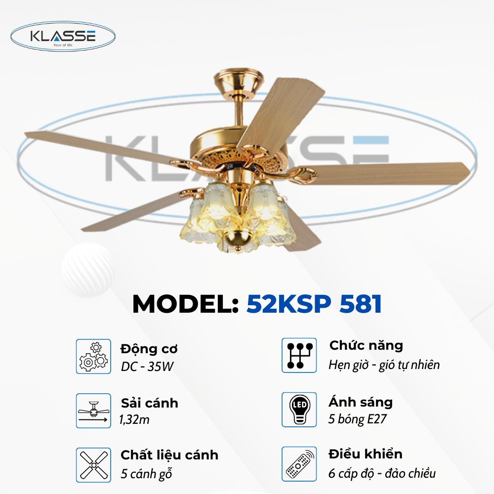 Quạt trần chùm đèn Klasse 52KSP 581 Hàng chính hãng