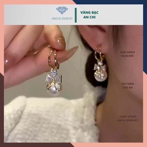 Khuyên tai bạc nữ, bông tai đính hạt trai thời trang Anchi jewelry