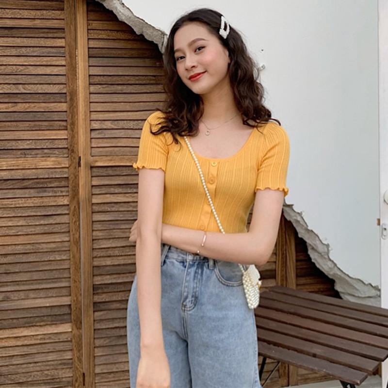 Áo thun len dệt tay ngắn cổ chữ O thời trang cho nữ