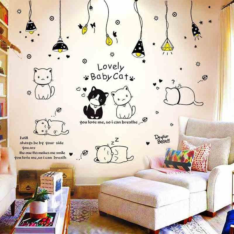 Decal dán tường Combo dây đèn thả + mèo đáng iu