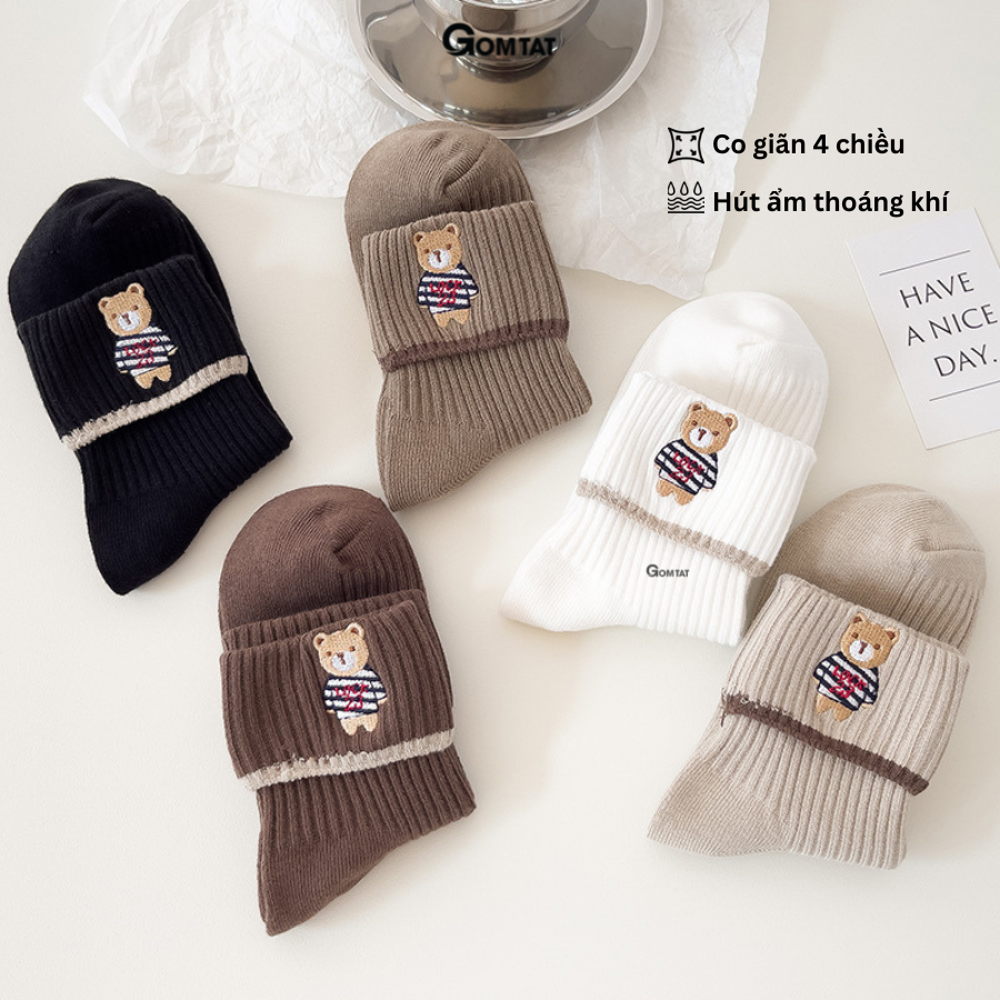 Set 5 đôi tất nữ cổ trung cổ gập cao cấp dễ thương, vớ cổ lửng nữ chất liệu mềm mại thoáng mát - LISU21-CAOCAP-GAUCOGAP