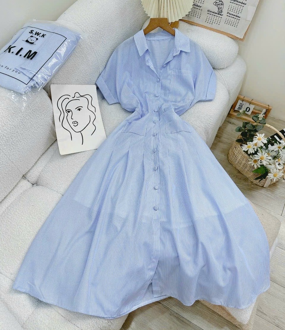 ĐẦM DÀI MIDI SUÔNG CỔ SƠ MI XANH BABY BLUE PASTEL SỌC TAY NGẮN XẾP LY XÒE MAXI DẠO PHỐ ĐI TIỆC ĐI BIỂN ĐI CHƠI CÔNG SỞ