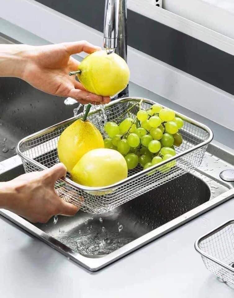 Set 3 rổ chữ nhật inox 304 thoát nước chống gỉ sét