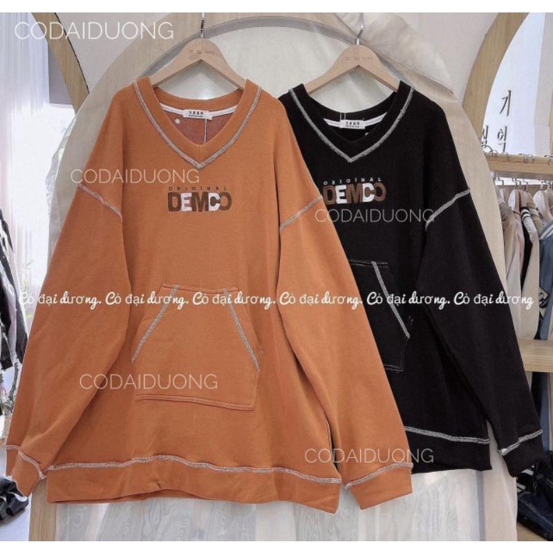Áo swt nỉ cổ tròn cotton tay bồng ------- ÁO NỈ CỔ V THÊU CHỈ NỔI DEMCO