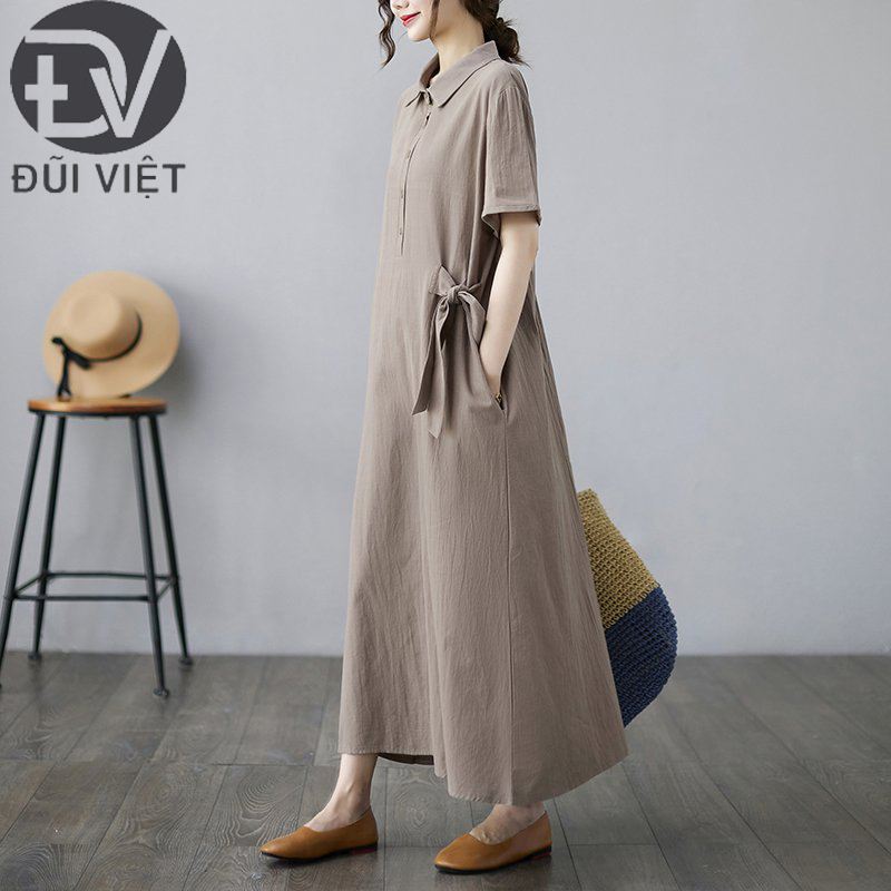 Đầm Sơ Mi Tay Ngắn Thắt Eo Thời Trang Cho Nữ Màu Nâu Vintage Đũi Việt