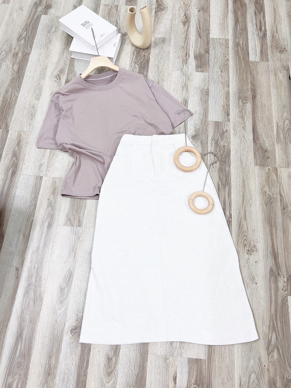 (Ảnh Thật) Set Chân Váy Midi Kaki Phối Áo Thun
