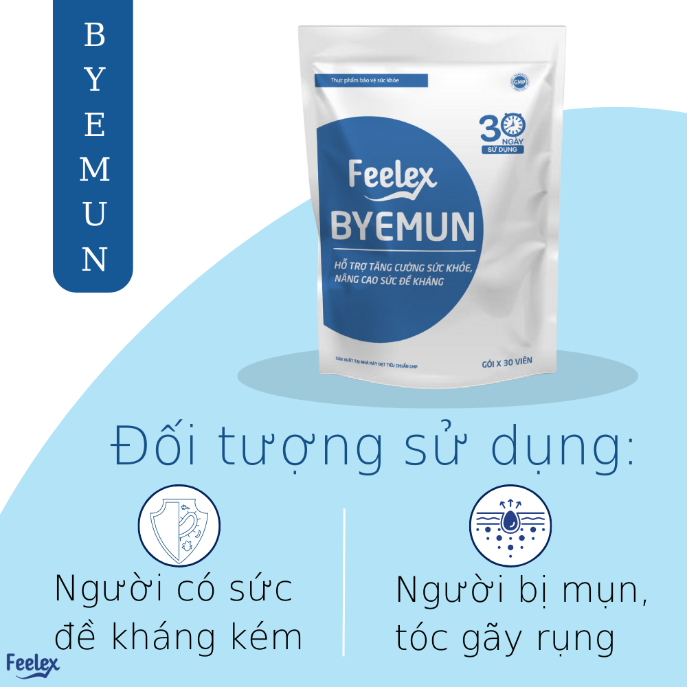 Viên uống Feelex Byemun Giảm Mụn viêm, Ẩn, Thâm, Đầu Đen Cho Da Dầu Mụn Bổ sung Kẽm ZinC,vitamin C gói 30 viên