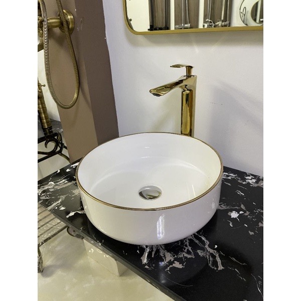 Lavabo đặt bàn sứ viền vàng ( bảo hành 10 năm)