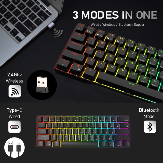 RK61 RGB HOTSWAP - Bàn phím cơ mini không dây 61 phím kết nối kết nối Dây, Bluetooth 5.1 và Wireless 2.4G - Hàng chính hãng