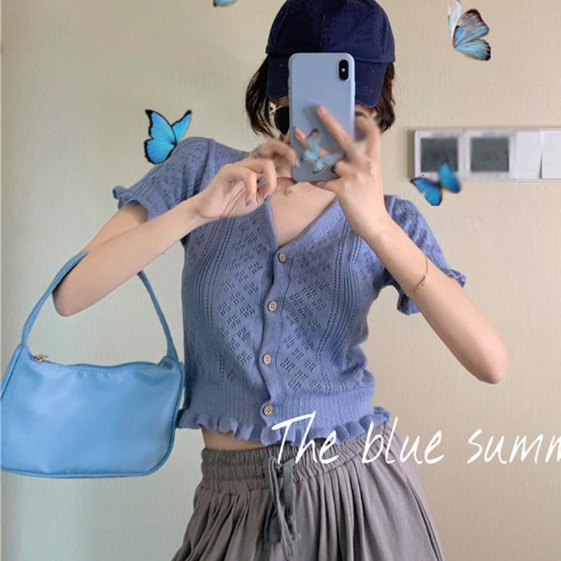 Áo Len Nữ Ngắn Tay Cổ Chữ V Thời Trang