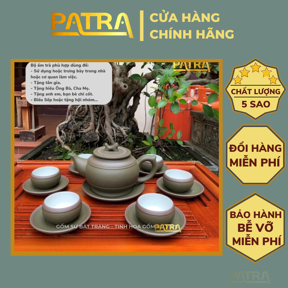 Bộ ấm chén uống trà cao cấp , bộ ấm trà Bát Tràng - trường sa trống đai xanh