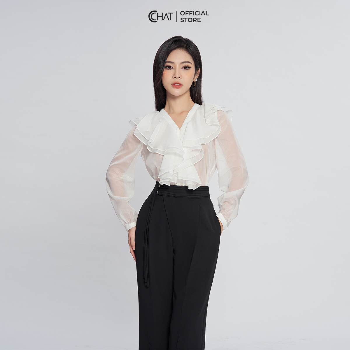 Áo Sơ Mi Nữ  Cổ V Bèo 2 Tầng Rủ Chất Voan Cao Cấp 13FDV2010ST
