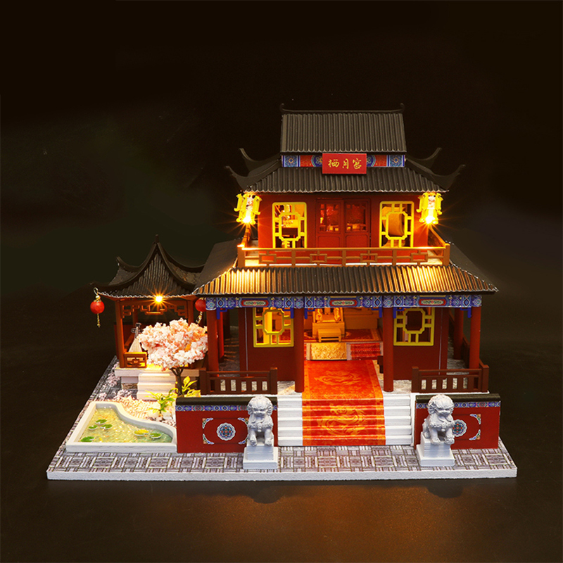 Mô hình nhà DIY Doll House Biệt phủ cổ Trung Quốc Kèm Đèn LED và Mica chống bụi