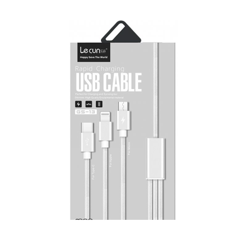 Cáp sạc 3 đầu Lecun GS-13 (Lightning, Micro USB, Type C) siêu bền, dài 1.2m - Hàng chính hãng