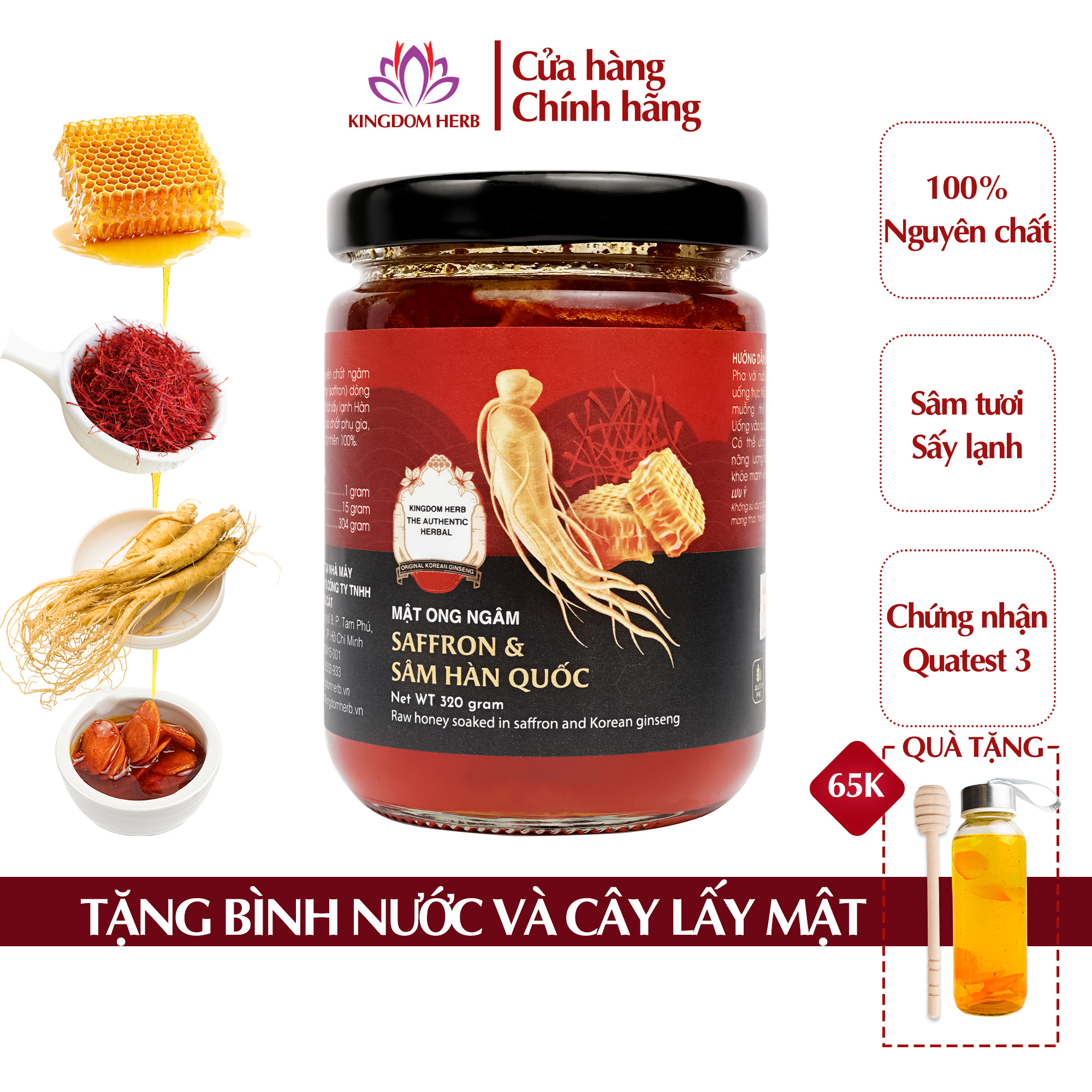 Sâm mật ong saffron Kingdom Herb chính hãng thượng hạng hộp 320g (tặng que lấy mật và bình thuỷ tinh)