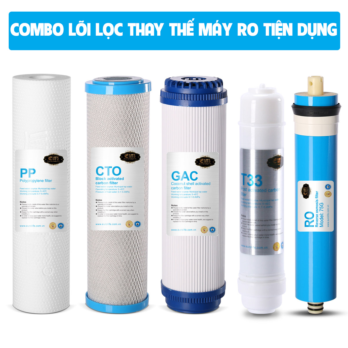 Combo 5 lõi lọc cho máy lọc nước tinh khiết RO Eurolife COMBO-LL-RO