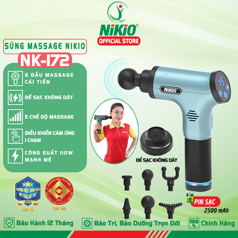 Máy (Súng) Massage Cầm Tay Nikio NK-172 - Kỹ Thuật Mát Xa Bộ Gõ Tân Tiến, Công Suất Cực Mạnh 110W, Tác Động Cực Sâu Vào Cơ Bắp, 6 Đầu Và 6 Tốc Độ Mát Xa Giảm Căng Cứng Và Đau Nhức Cơ Nhanh - Pin Khủng 2500 mAh, Sạc Chạm Thông Minh