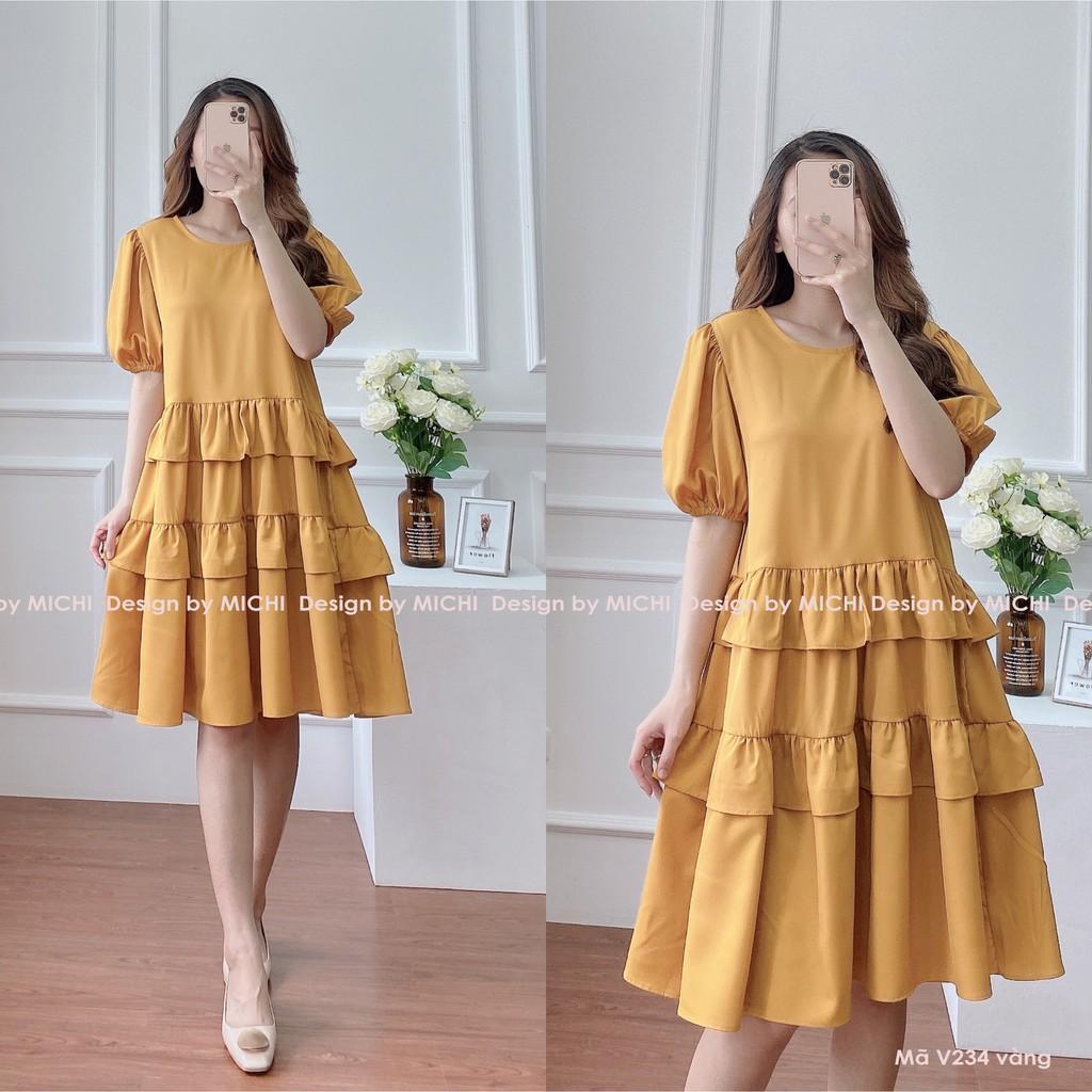 Váy suông bèo tầng dáng babydoll, đầm xuông rộng freesize, tay phồng 3 màu vàng, hồng, đen mã V234 - Michi's House