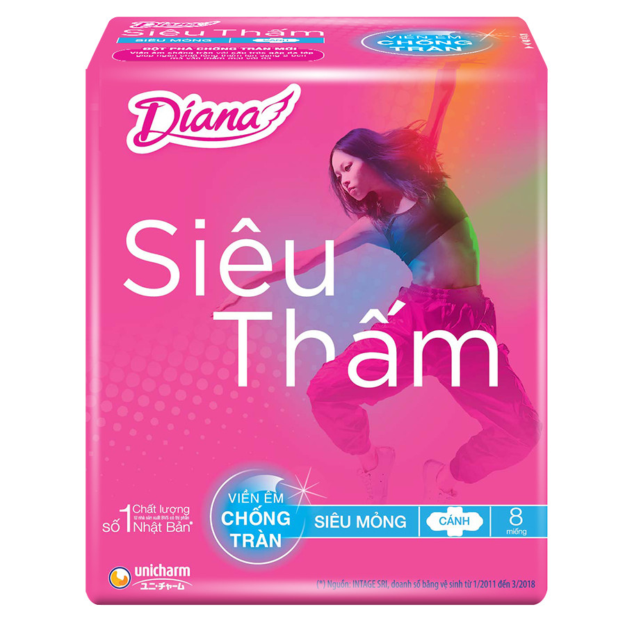 Băng Vệ Sinh Diana Siêu Thấm Siêu Mỏng Cánh 23cm (Gói 8 Miếng)